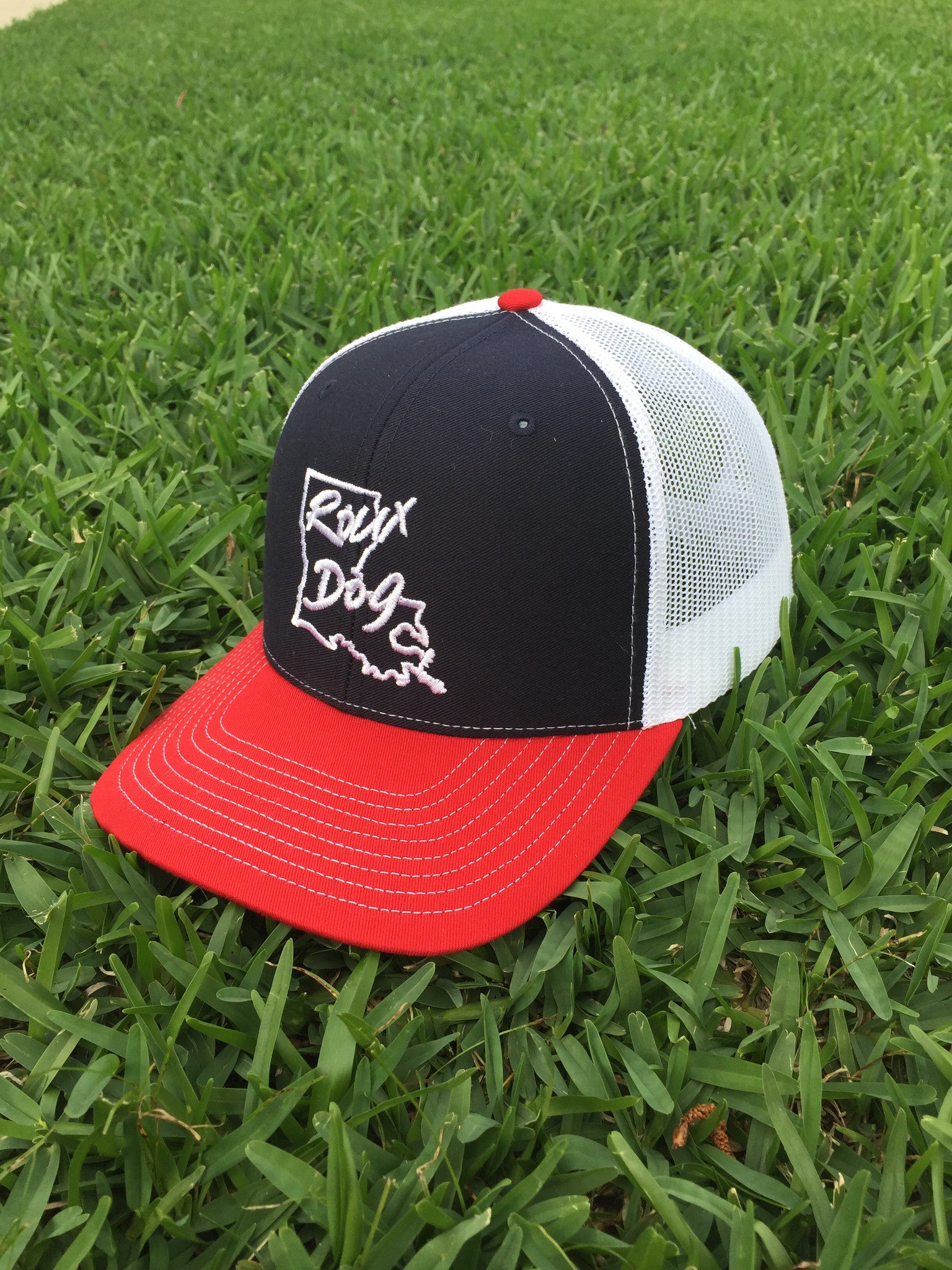 Roux Dog Logo Mesh Back Cap -- Navy/White/Red
