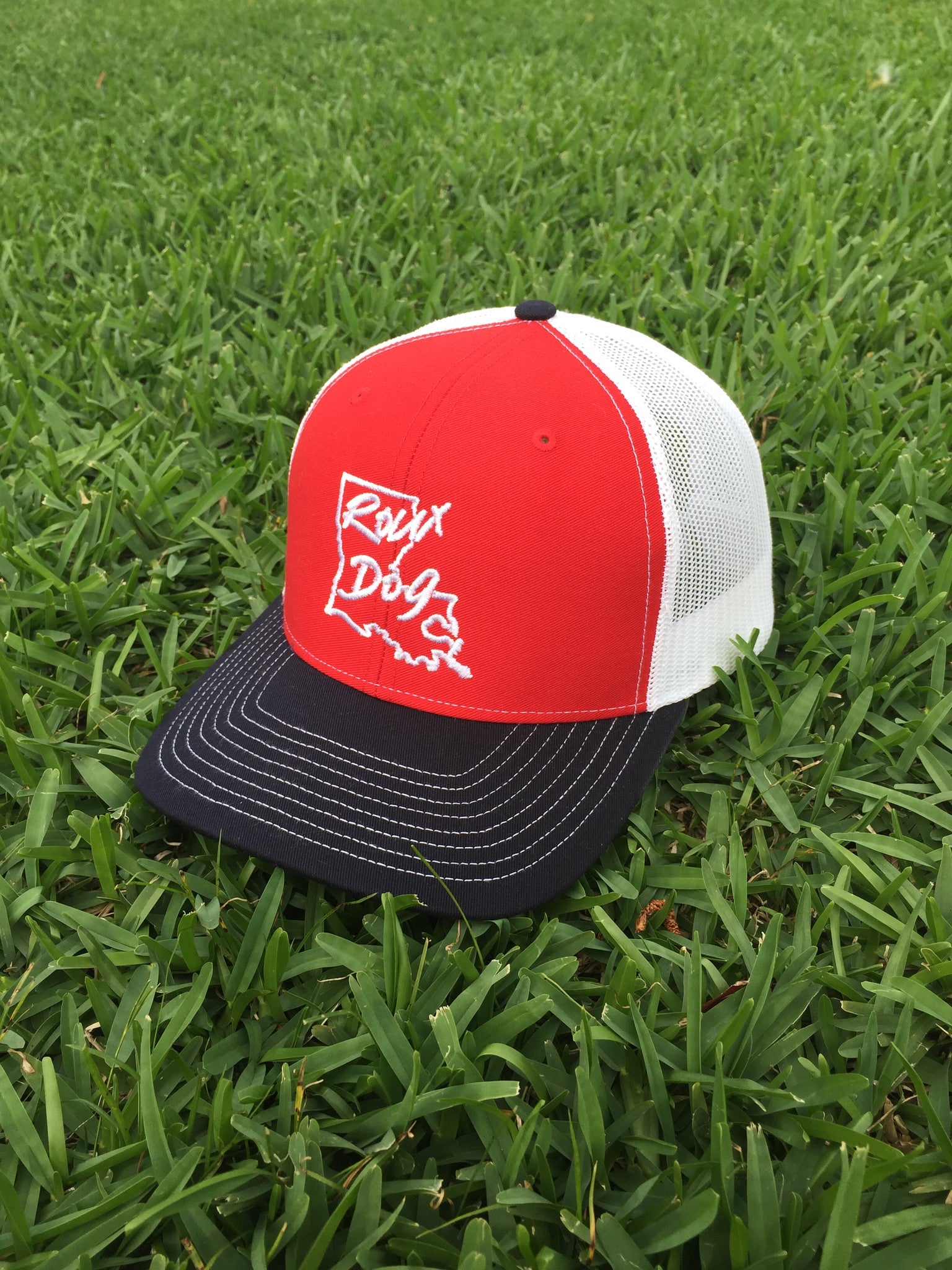 Roux Dog Logo Mesh Back Cap -- Red/White/Navy