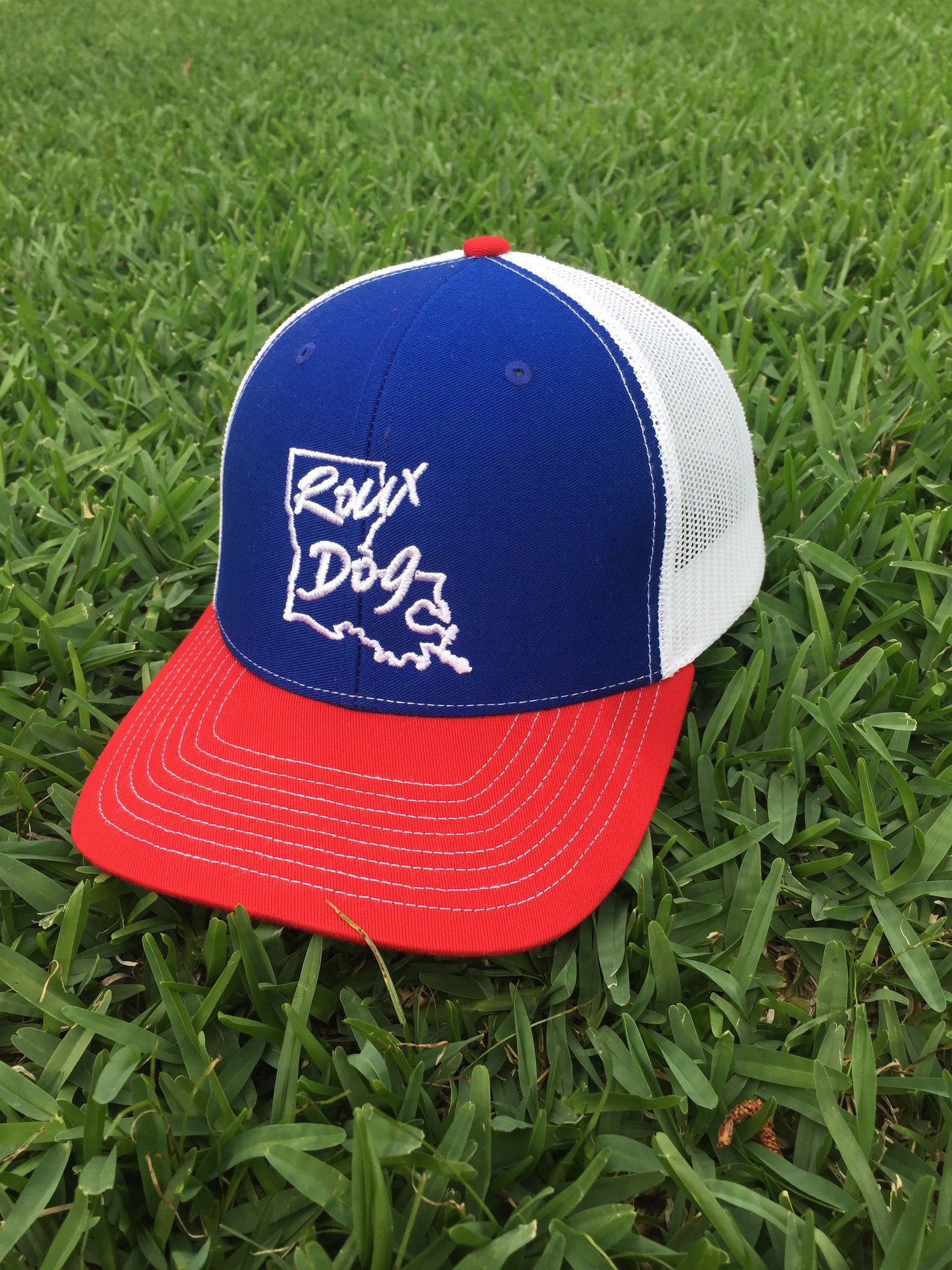 Roux Dog Logo Mesh Back Cap -- Royal/White/Red